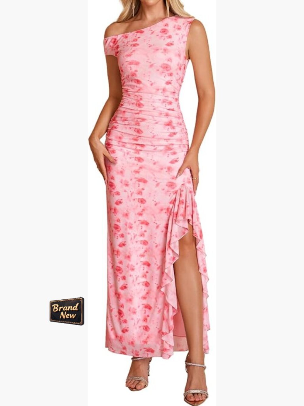 One Shoulder Floral Maxi Dress Elegant Ruffled Slit Bodycon Formal Summer